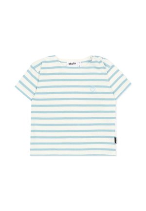 T-shirt bébé à manches courtes avec des rayures horizontales bleu clair et blanches et un petit logo sur la poitrine, fabriqué par Molo.