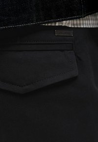 Gros plan d'une poche en tissu noir avec rabat et étiquette métallique indiquant "JACK & JONES" sur un vêtement foncé.