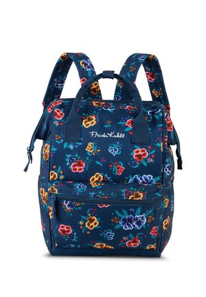 Dunkelblauer Blumen-Rucksack mit mehreren Fächern, der lebhafte Blumenmuster aufweist, verstellbare Träger hat und einen oberen Griff für einfaches Tragen bietet.