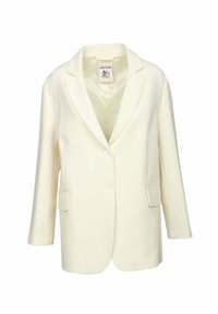 Blazer color crema con rever a punta, due bottoni e due tasche frontali. Realizzato in tessuto liscio con una forma leggermente strutturata.