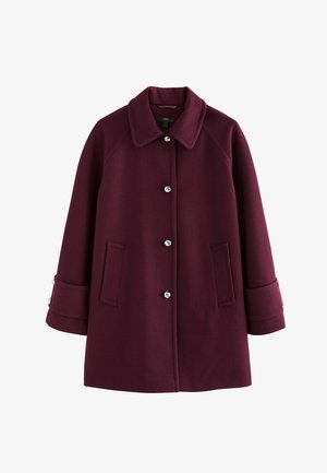 Dark purple wool coat with silver buttons, wide collar, two front pockets, and wide cuff details on sleeves.