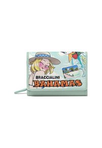 Portafoglio verde menta con un'illustrazione di una donna, testo "Braccialini Bahamas" e grafica tropicale. Superficie testurizzata con dettagli ricamati.