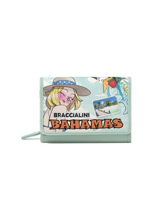 Portafoglio verde menta con un'illustrazione di una donna, testo "Braccialini Bahamas" e grafica tropicale. Superficie testurizzata con dettagli ricamati.