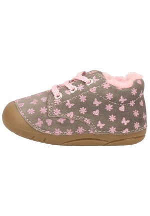 Gray fabric shoe with pink floral and butterfly pattern, pink faux fur lining, and rubber sole. Features pink laces and rounded toe design.