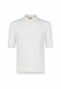Vit kortärmad polo skjorta i texturerad tyg, med klassisk krage, tre-knapps knäppning och ribbade ärmslut.
