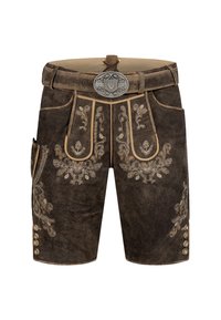 Shorts en cuir marron avec broderies décoratives, une large ceinture avec une boucle en métal et des accents de bouton sur les côtés.