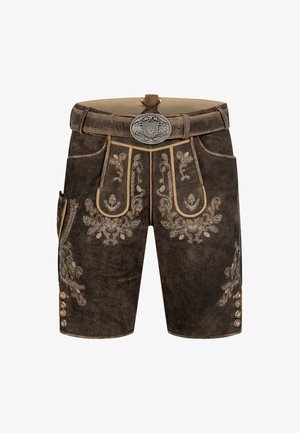 Shorts en cuir marron avec broderies décoratives, une large ceinture avec une boucle en métal et des accents de bouton sur les côtés.