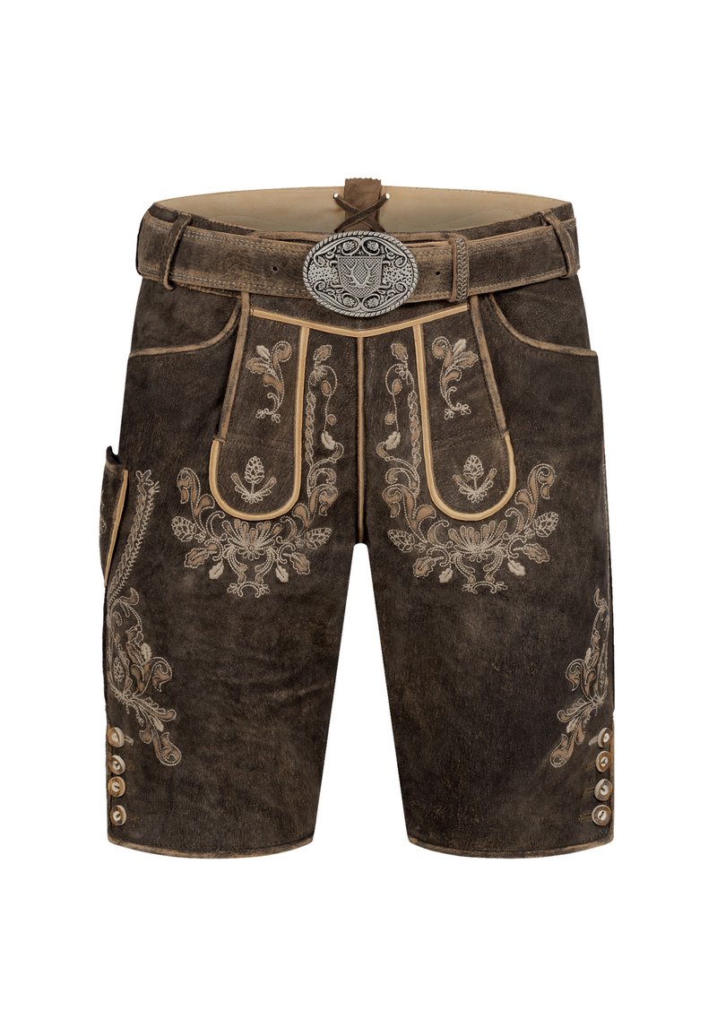 Shorts en cuir marron avec broderies décoratives, une large ceinture avec une boucle en métal et des accents de bouton sur les côtés.
