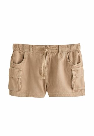 Beige legere Shorts mit elastischem Bund, Kordelzug, Front- und Seitentaschen sowie Cargo-Taschen mit Klappen an beiden Beinen.