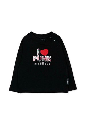 Camicia nera a maniche lunghe con "I love Punk John Richmond" ricamato in lettere bianche, rosse e a quadri sul davanti.