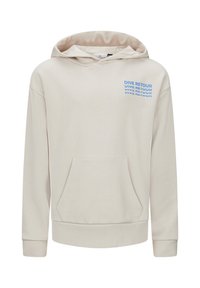 Beige hoodie van zacht materiaal, met een voorzak, een capuchon met koord en blauwe bedrukte tekst op de borst.