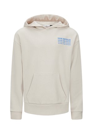 Beige hoodie van zacht materiaal, met een voorzak, een capuchon met koord en blauwe bedrukte tekst op de borst.