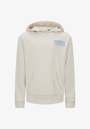 Beige Kapuzenpullover aus weichem Material, mit einer vorderen Tasche, Kordelzug-Kapuze und blauer Druckschrift auf der Brust.