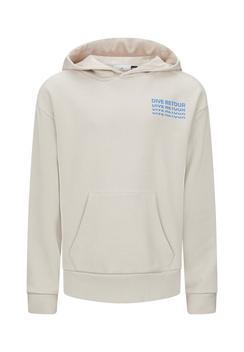 Beige hoodie van zacht materiaal, met een voorzak, een capuchon met koord en blauwe bedrukte tekst op de borst.