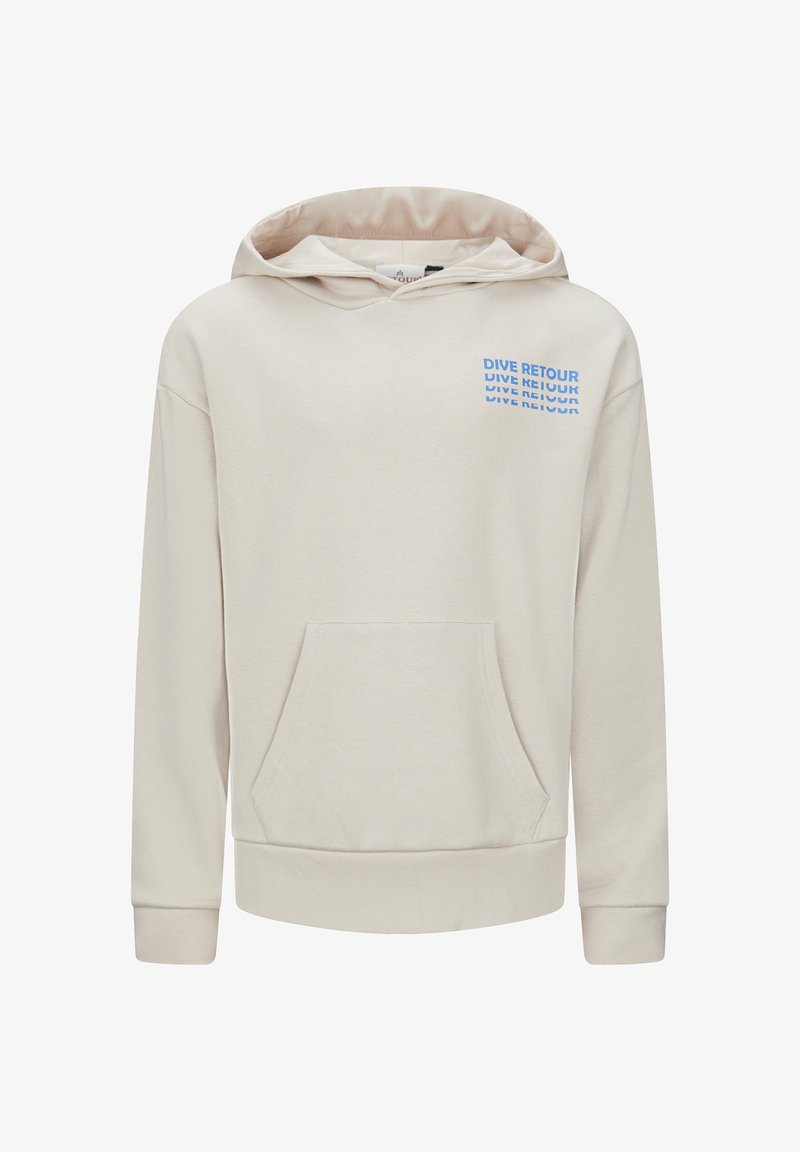 Beige hoodie van zacht materiaal, met een voorzak, een capuchon met koord en blauwe bedrukte tekst op de borst.