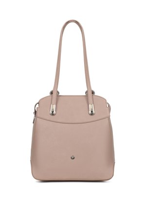 Beige textured leather handbag with two long handles, silver hardware accents, and a small round metal detail on the front center.
