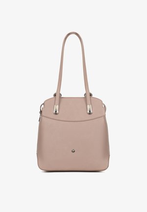 Sac à main en cuir texturé beige avec deux longues anses, des accents métalliques argentés et un petit détail métallique rond au centre avant.
