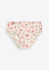 Culotte en coton couleur crème avec des motifs assortis de cœurs roses. Caractérisée par une taille élastique douce et un nœud décoratif au centre avant.