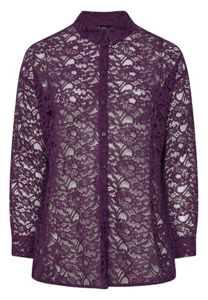 Dunne paarse kant blouse met een kraag, lange mouwen en knoopsluiting. De stof heeft bloemenpatronen en een doorzichtige textuur.