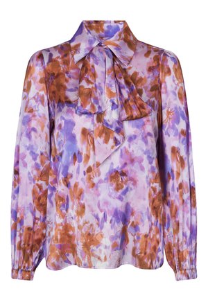 Bluse mit lila und lavendelfarbenem Blumenmuster, gebundenem Kragen, langen Ärmeln, elastischen Manschetten und einem leichten, durchsichtigen Stoff.
