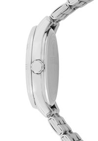 Montre en acier inoxydable argenté avec un boîtier arrondi et un design monochrome. Dotée d'une couronne sur le côté et d'un bracelet à maillons.