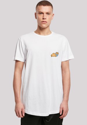 White cotton t-shirt with a relaxed fit, featuring a small graphic of a character on the left chest area. Short sleeves and round neckline.