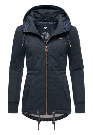 Navy blue jacket with a hood, front zip closure, and drawstring waist. Lined with patterned fabric and features bronze hardware and pockets.
