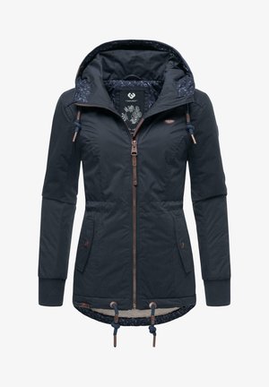 Navy blue jacket with a hood, front zip closure, and drawstring waist. Lined with patterned fabric and features bronze hardware and pockets.