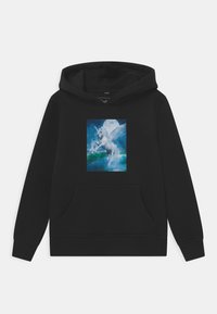 Sudadera negra con un gráfico frontal de un unicornio sobre un fondo azul y blanco con una luna, con un bolsillo canguro y puños acanalados.