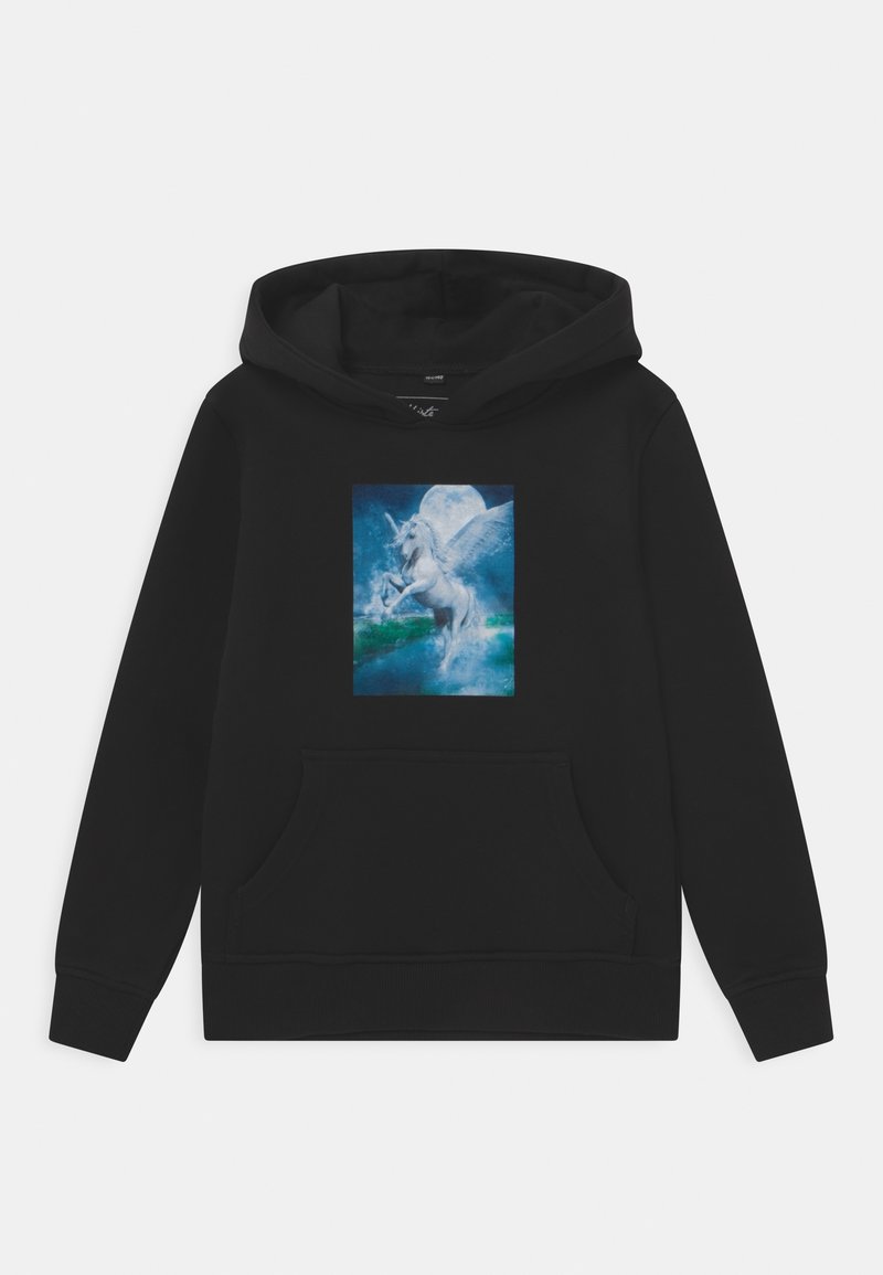 Černá mikina s kapucí, na přední straně s grafikou jednorožce na modro-bílém pozadí s měsícem, obsahující klokánkovou kapsu a vroubkované manžety.