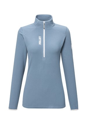 Light blue long-sleeve pullover with a high zipper collar, textured fabric, and white logo on the left chest. Smooth cuffs and hem.