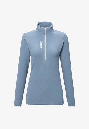 Light blue long-sleeve pullover with a high zipper collar, textured fabric, and white logo on the left chest. Smooth cuffs and hem.