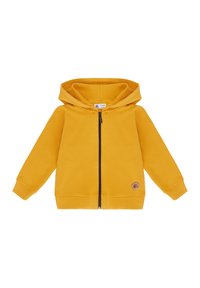 Żółta bluza dla malucha z kapturem, z przodu zamek błyskawiczny, długie rękawy, ściągacze na mankietach oraz kaptur, z małym okrągłym emblematem blisko krawędzi dolnej.