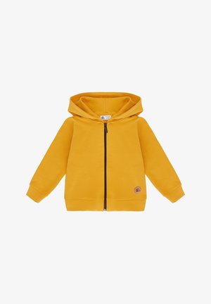 Żółta bluza dla malucha z kapturem, z przodu zamek błyskawiczny, długie rękawy, ściągacze na mankietach oraz kaptur, z małym okrągłym emblematem blisko krawędzi dolnej.