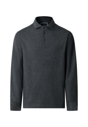 Dark gray long-sleeve polo shirt with a textured fabric, collar, and three-button placket. Features a straight hem and subtle stitching.