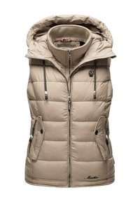 Beige gepolsterte Weste mit Kapuze, ausgestattet mit einem durchgehendem Reißverschluss, zwei Fronttaschen und Logodetails. Hergestellt aus einem glatten, leichten, gesteppten Material.