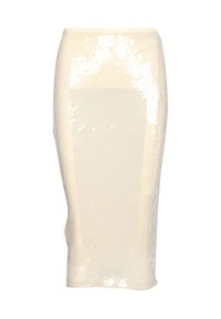 Gonna midi in maglia color crema con paillettes, caratterizzata da una silhouette aderente, texture a costine e finitura liscia, adatta per varie occasioni.