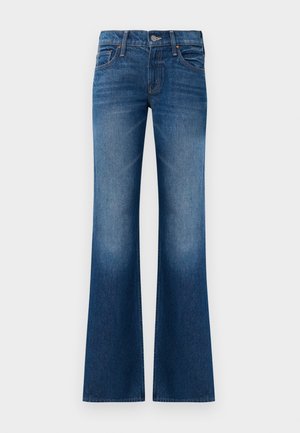 Flared jeans in dark blue denim, featuring a smooth texture, five-pocket design, front button closure, and subtle fading near the hem.