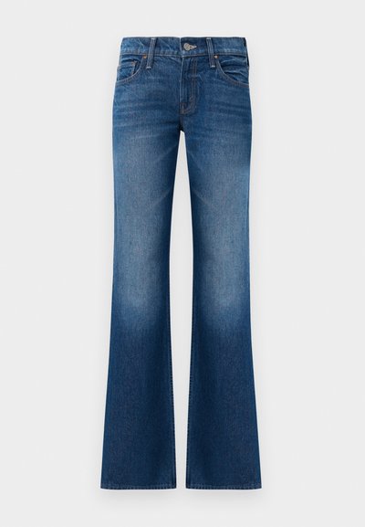Flared jeans in donkerblauwe denim, met een gladde textuur, een vijf-pocket ontwerp, een sluiting met een voorknop en subtiele vervagingen nabij de zoom.