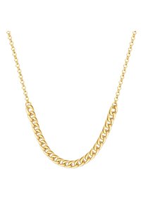 Guld kæde halskæde med sammenflettede led, en glat finish og et fladt design. Velegnet til både afslappet og formel påklædning.