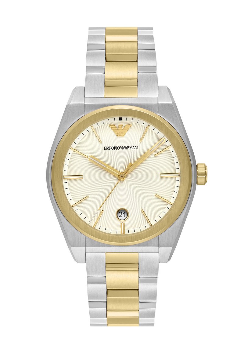 Kellot, joissa on hopea- ja kultasävyinen ruostumaton teräs, pyöreä, teksturoitu kultakehyksinen, valkoinen kasvopinta, kultaiset tuntimerkit ja päivämääränäyttö kello 6 kohdalla.