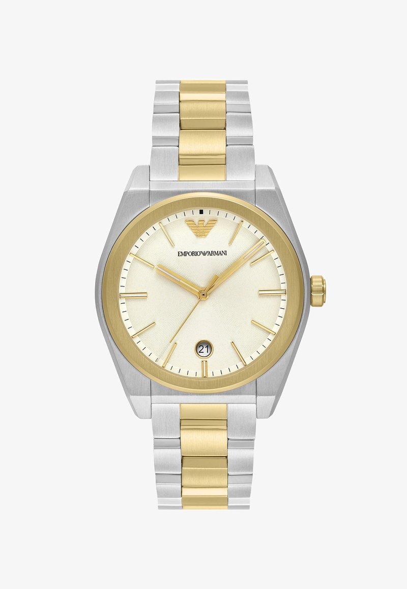 Kellot, joissa on hopea- ja kultasävyinen ruostumaton teräs, pyöreä, teksturoitu kultakehyksinen, valkoinen kasvopinta, kultaiset tuntimerkit ja päivämääränäyttö kello 6 kohdalla.