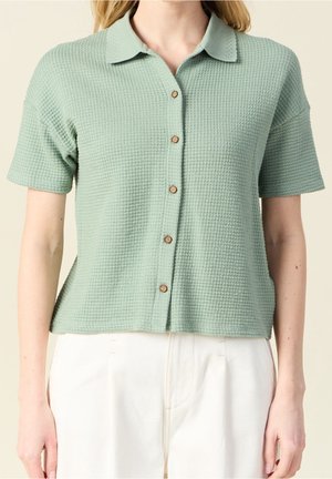 Vrouw draagt een lichtgroene textuur korte mouwen blouse met knopen, gecombineerd met een witte broek met hoge taille, tegen een neutrale achtergrond.