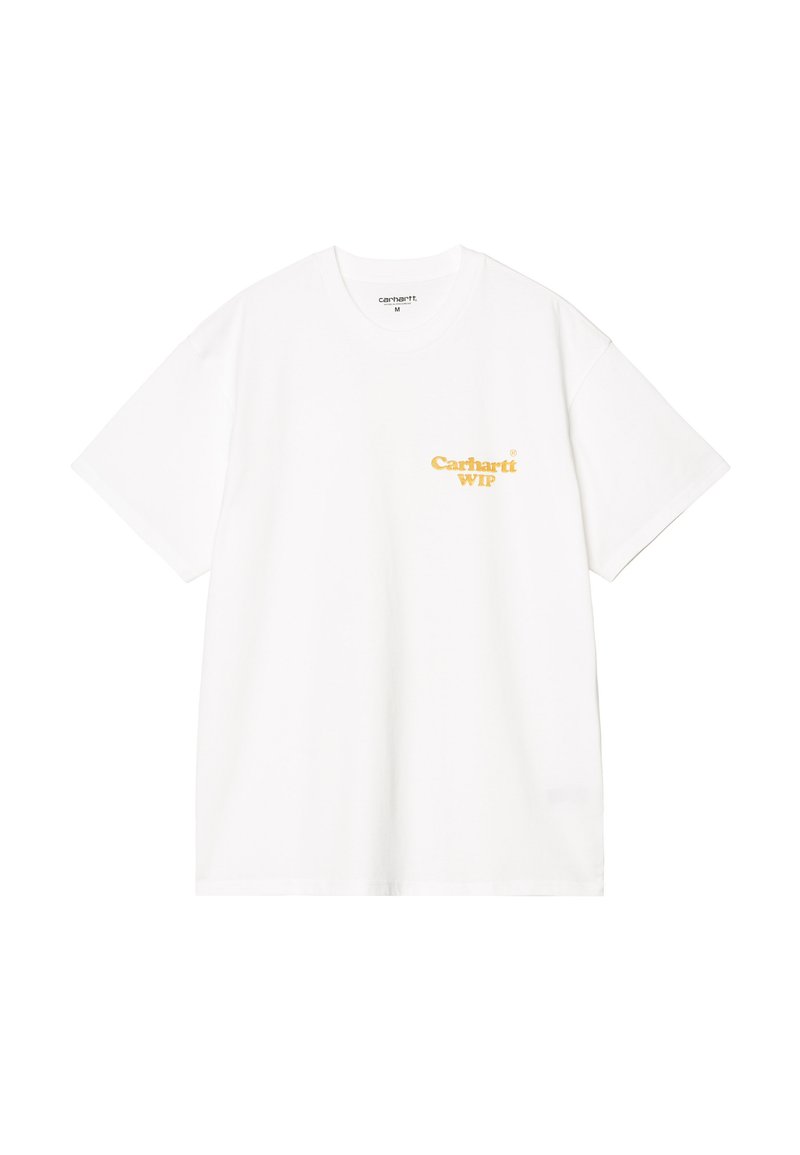 Camiseta de algodón blanca con mangas cortas y corte relajado. Presenta un logo amarillo de "Carhartt WIP" en el lado izquierdo del pecho. Textura suave.