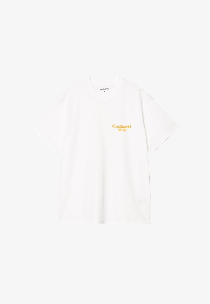 Biała bawełniana koszulka z krótkim rękawem o luźnym kroju. Na lewej piersi znajduje się żółte logo "Carhartt WIP". Gładka tekstura.