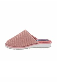 Pantofole rosa in tessuto a coste con fodera morbida e suola in gomma bianca. Presentano una patch con il logo sul lato.