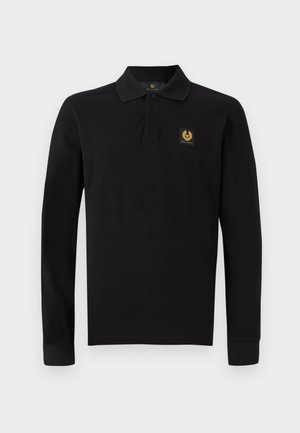 Black long-sleeve polo shirt made of cotton. Features a classic collar, three-button placket, and a gold emblem on the left chest.