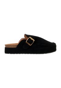 Black suede clogs with a cork midsole, featuring a gold buckle detail, flat sole, and rounded toe design. Smooth texture throughout.