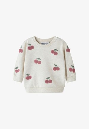 Kremfarget langermet småbarnsgenser med teksturerte rosa kirsebærmotiver og grønne blader spredt over stoffet.