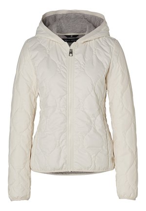 Veste matelassée blanche avec capuche, fermeture éclair intégrale à l'avant, manches longues, et coutures en motif subtil de vagues.
